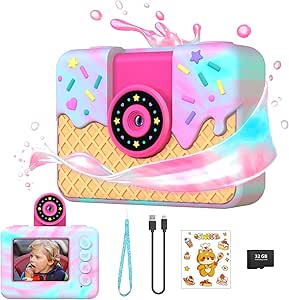 Ushining Camara Fotos Infantil, 20MP 1080P Videocámara de Acción Función de Zoom Cámara Selfie para Niños con Pantalla de 2,0 Pulgadas Tarjeta de 32GB TF, Regalo para Niños 3-12 Años, Helado