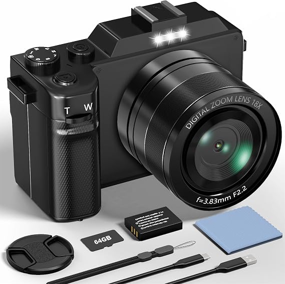 Cámara Digital, Camara de Fotos Digital 5K 64MP con Tarjeta 64GB WiFi, Autofoco, Cámara Compacta con Pantalla LCD de 3" Selfies Cámara de Vlog para Principiantes Adolescentes Adultos Youtube