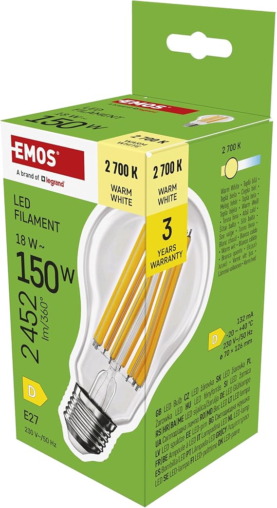EMOS LED Lampe Edison A70, 18W Ersatz für 150W Glühbirne, Vintage-Glühlampe mit E27 Sockel und Helligkeit 2452 lm, Warmweiß 2700 K, 25000 Stunden Lebensdauer, CRI > 80, 360° Abstrahlwinkel