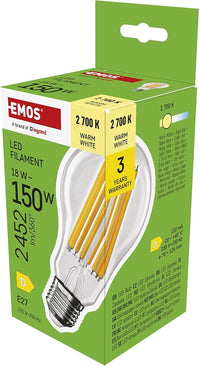 EMOS LED Lampe Edison A70, 18W Ersatz für 150W Glühbirne, Vintage-Glühlampe mit E27 Sockel und Helligkeit 2452 lm, Warmweiß 2700 K, 25000 Stunden Lebensdauer, CRI > 80, 360° Abstrahlwinkel