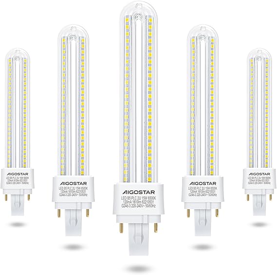 Aigostar - 2 Pines Bombilla PLC 2U, tubo de 15 W, Maiz G24d-3, Luz fría 6500K, 1610Lm, No regulable, Pack de 5 Bombillas LED