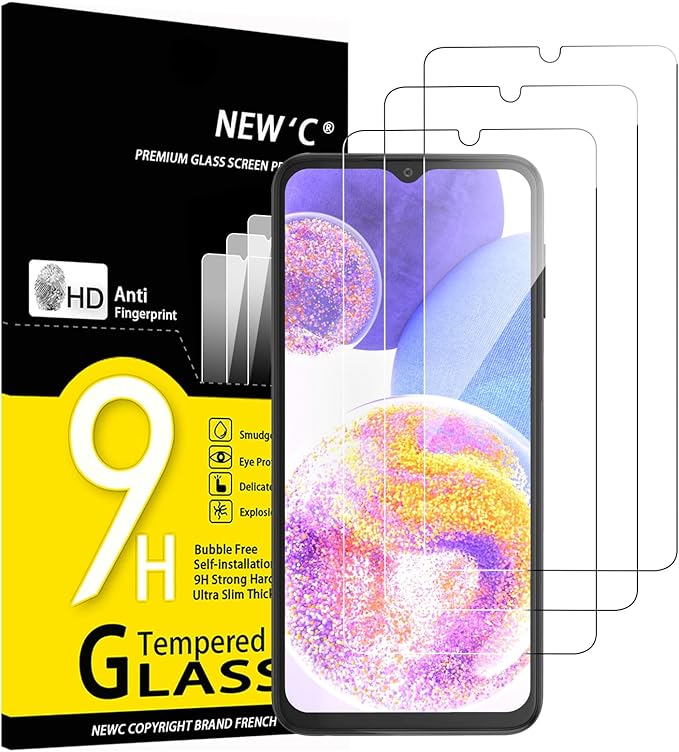 NEW'C 3 Piezas, Protector Pantalla para Samsung Galaxy A23 4G, Samsung Galaxy A23 5G, Cristal Templado Antiarañazos, Antihuellas, Dureza 9H, 0.33 mm Ultra Transparente, Ultra Resistente