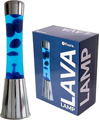 FISURA | Lámpara de lava. Base plateada cromada, líquido y lava azul. Lámpara efecto relajante. Con bombilla de repuesto. 11 cm x 11cm x 39,5 cm.