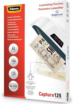 Fellowes Pack de 100 fundas plastificar A3, brillo, formato A3, 125 micras, acabado optima calidad con flechas direccionales ImageLast, fundas para plastificadora optimas para fotos
