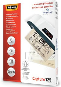 Fellowes Pack de 100 fundas plastificar A3, brillo, formato A3, 125 micras, acabado optima calidad con flechas direccionales ImageLast, fundas para plastificadora optimas para fotos
