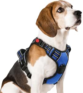 rabbitgoo Arnes Perro Mediano con 3 Hebillas, Liberacion del Cuello, Arnes Perro Ajustable con Asa y Clip Frontal, Arnés Antitirones para Perros Reflectante para Adiestramiento Correr, Azul, M