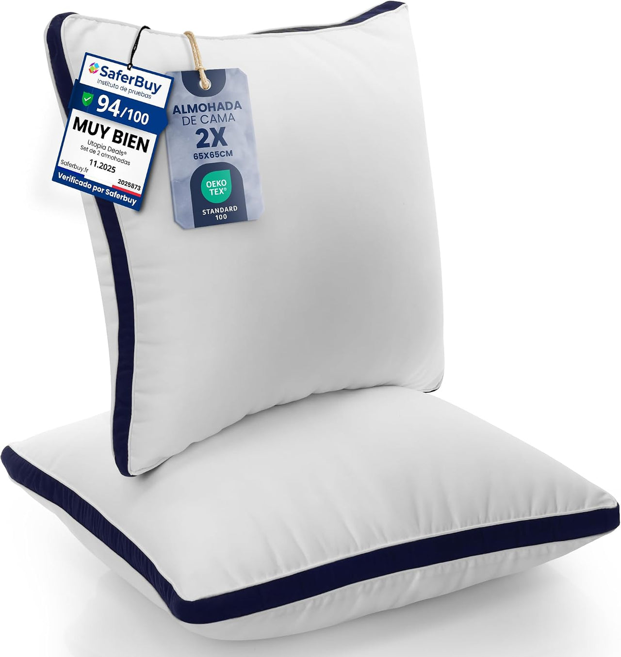 Utopia Bedding Almohadas (2 Unidades), 65 x 65 cm Tela de Microfibra con Relleno de poliéster 3D, Transpirable y Suave (Azul Marino)