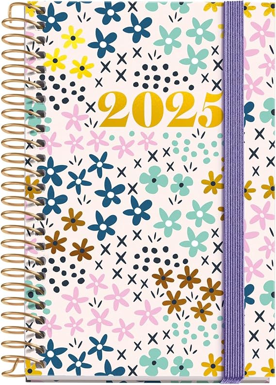Miquelrius - Agenda 2025, Agenda anual 80x120 mm, Agenda día página, Cubierta cartón forrado plastificado, Espiral, Cierre goma elástica, Papel 80 g/m², Español, Inglés y Portugués, Spring