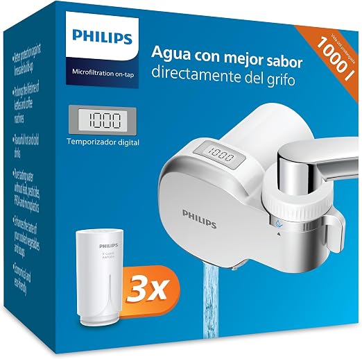 Philips Filtro de agua Ontap MICROFILTRACIÓN con PANTALLA DIGITAL y 3 cartuchos de repuesto, filtra sedimentos, cloro y otras sustancias que alteran el sabor, capacidad de filtración de 1000 L