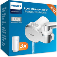 Philips Filtro de agua Ontap MICROFILTRACIÓN con PANTALLA DIGITAL y 3 cartuchos de repuesto, filtra sedimentos, cloro y otras sustancias que alteran el sabor, capacidad de filtración de 1000 L