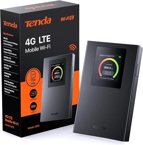 Tenda MF6– Router 4G SIM, Móvil Portátil 4G con tarjeta SIM, Wifi Portatil CAT4 WiFi6 AX300, MiFi 4G, batería de 2100 mAh, USB-C, WPA3, pantalla a color,Carga del batería externa,Nano card,Plug y Play