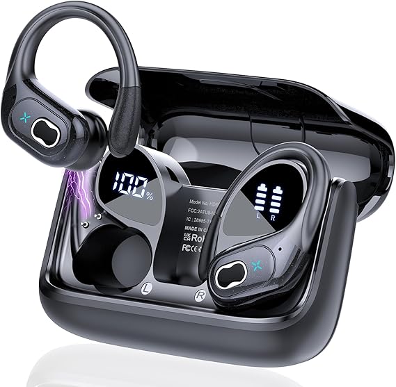 STECEi Auriculares Inalámbricos Deportivos, Auriculares Bluetooth 5.4 con HD Micrófono, 75H de Reproducción con Cancelacion Ruido ENC, IPX7 Impermeable Cascos Inalambricos Running con Pantalla LED