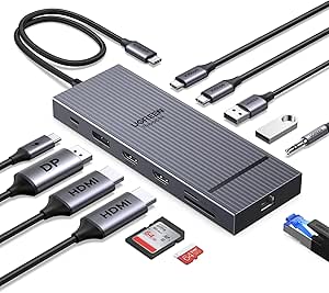 UGREEN Revodok Pro 3121 10Gbps Hub USB C Doble HDMI 4K60Hz DisplayPort 4K120Hz 12 En 1 Docking Station USB C PD 100W Adaptador Ethernet Lector de Tarjeta SD TF Jack 3.5mm
