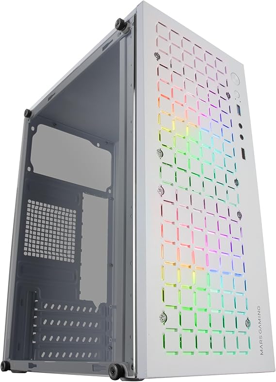 Mars Gaming MC-Core, Caja Gaming Compacta MicroATX, Diseño Frontal Metal-Mesh, Ventana Lateral Completa, 2X Ventiladores FRGB 120mm, Blanco