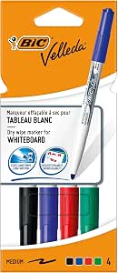 BIC Velleda 1741 Feutres pour Tableau Blanc Effaçables à Sec Pointe Conique Moyenne - Couleurs Assorties, Pochette de 4