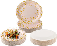 CYZBL 50 Platos Oro Vajilla Fiesta Cumpleaños, Desechables Papel Platos de 7 Pulgadas, Platos de Papel con Lunares Dorados, Vajilla de Fiesta para Bodas, Aniversarios, Camping, Picnics (Rosa)