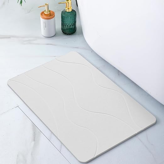 Pure 4Home Alfombra Diatomita Baño 60x40 – Secado Rápido, Antideslizante y Antibacteriana – Alfombrilla Piedra Diatomita Super Absorbente – Alfombrilla Diatomitas - Stone Bath Mat (blanco Waves)