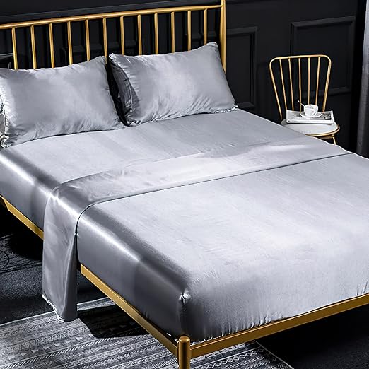 Jemiipee Juego de Sabanas de Cama Raso Color Sólido, 1 x Sábana Bajera Ajustable 180x200 cm con 35 Bolsillo Profundo, 1 x Encimera y 2 x Fundas de Almohada, Plata