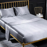 Jemiipee Juego de Sabanas de Cama Raso Color Sólido, 1 x Sábana Bajera Ajustable 180x200 cm con 35 Bolsillo Profundo, 1 x Encimera y 2 x Fundas de Almohada, Plata
