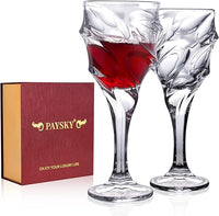 Modern Space - Juego de 2 copas de vino tinto con una caja de papel de madera de lujo - Copa de vino de cristal tallada a mano, diseño único de patrón de mano, cristal transparente, 270 ml