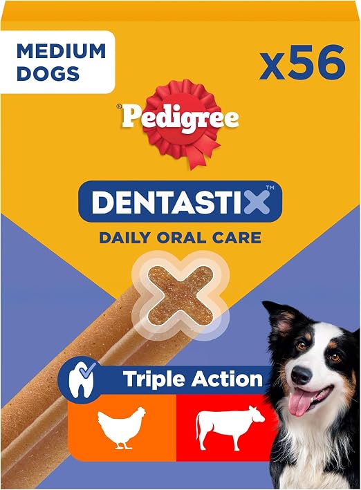 Pedigree DentaStix Hundesnack para mittelgroße Hunde (10-25kg), Zahnpflege-Snack con Huhn y Rind, 1 Packung je 56 Stück (1 x 1.44 kg)