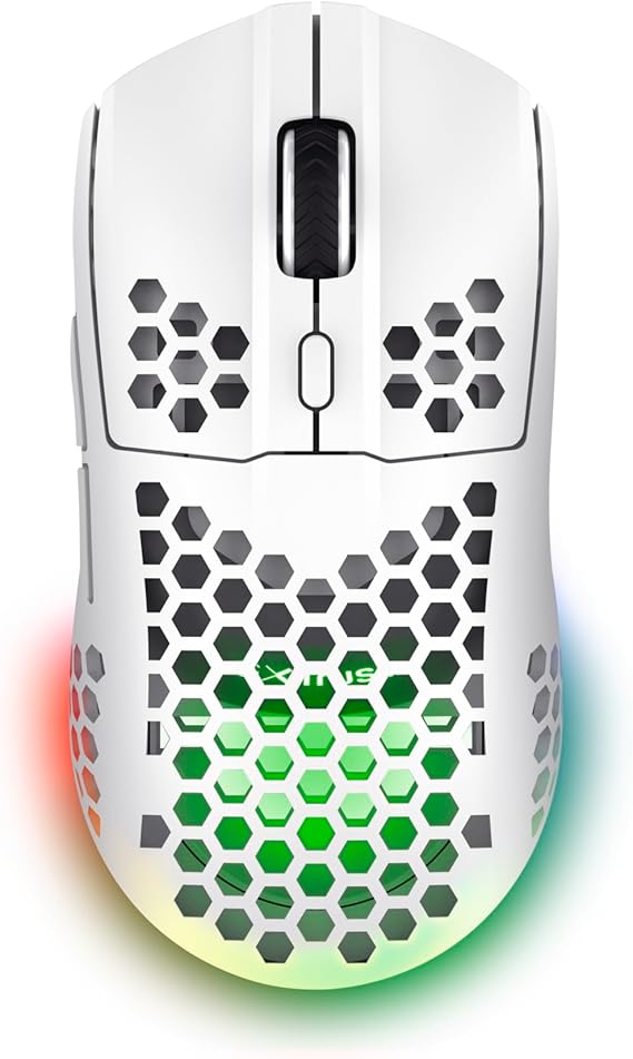 GXTrust 929W Helox Ratón Gaming Inalámbrico Ultraligero 75g, Batería de 80h, Microrreceptor USB 2,4GHz, dpi Ajustable 800-4800, Mouse Gaming Recargable LED Ordenador Portátil, Blanco