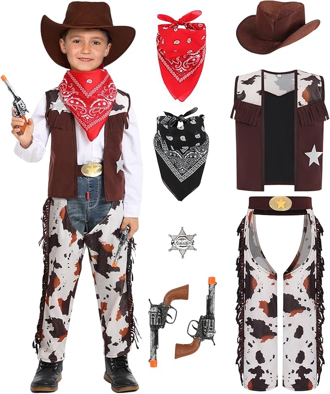 Geplaimir Disfraz de vaquero para niños, juego con sombrero de vaquero occidental, disfraces, carnaval, cosplay, accesorios para fiestas con bandana