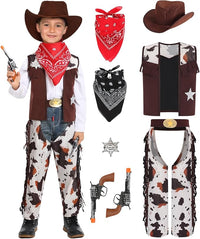 Geplaimir Disfraz de vaquero para niños, juego con sombrero de vaquero occidental, disfraces, carnaval, cosplay, accesorios para fiestas con bandana