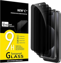 NEW'C 3 Piezas, Protector pantalla privacidad para iPhone 15 Pro (6,1 Pulgadas), Cristal Vidrio Templado Antiespia con herramienta de instalación fácil incluida - Ángulo de Privacidad 28 Grados