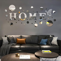 DIYJEP 37 Piezas 3D Espejo Pegatinas de Pared, Acrílico Espejo Adhesivos de Pared con Home Letras, DIY Pegatinas Decorativas Espejo Redondo Plateado para Sala Estar Cocina Dormitorio TV Fondo