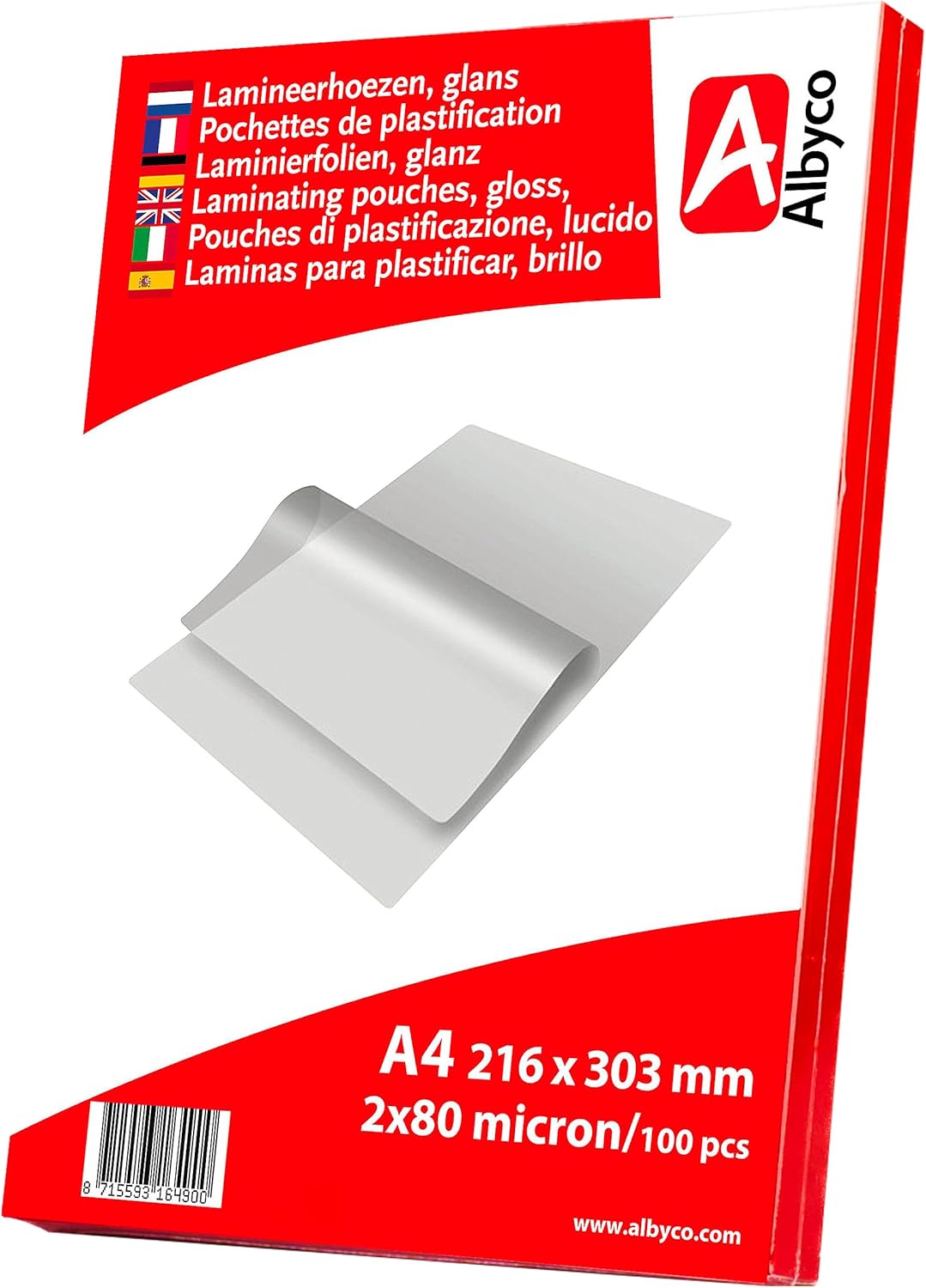Albyco Fundas Plastificar - Laminas para plastificar- Película de Laminación- A4 (216x303 mm) - 2x80 (160) Micras- 100 Piezas- - Plastificadora, A4 Hojas Plastificar- Brillante- Transparente-