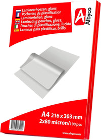 Albyco Fundas Plastificar - Laminas para plastificar- Película de Laminación- A4 (216x303 mm) - 2x80 (160) Micras- 100 Piezas- - Plastificadora, A4 Hojas Plastificar- Brillante- Transparente-