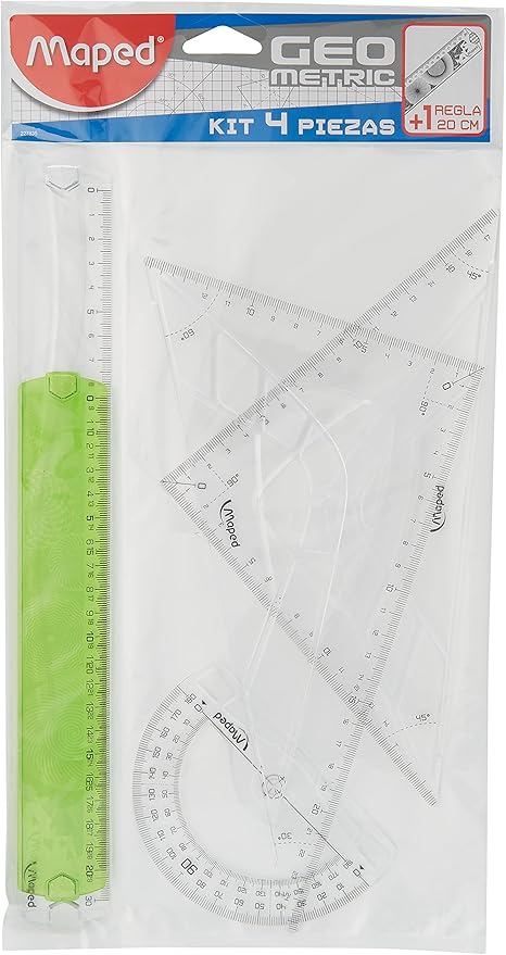 Maped 227835 - Kit trazado 4+1, regla de 30 cm, cartabón, escuadra, transportador y regla 20 cm, Colores Surtidos