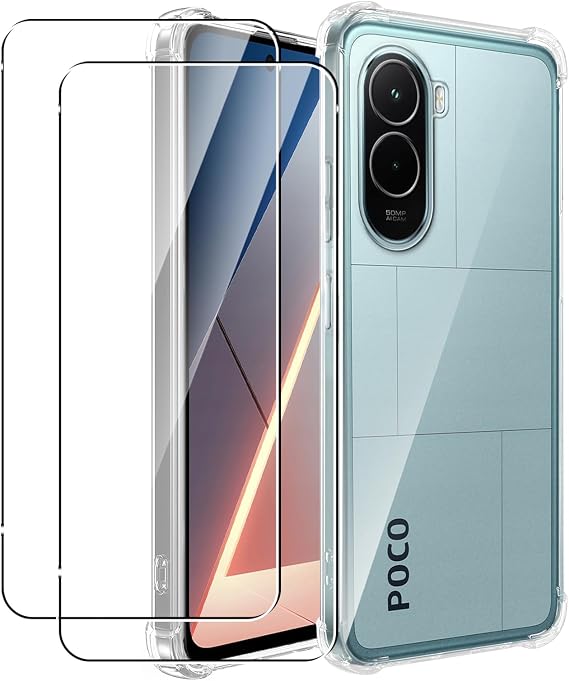 MEMELOKA Funda para Xiaomi Poco M7 4G con 2 Piezas Cristal Templado, Carcasa TPU Transparente Flexible Anti-arañazos con Esquinas Reforzadas, Silicona Ultrafina Anti-Choques Funda