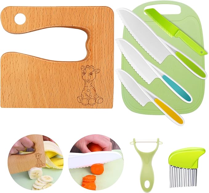 Goodchef Juego de cuchillos infantiles de cocina de 8 piezas para cortar y cocinar frutas o verduras para niños pequeños, cuchillo de madera de seguridad, tabla de cortar, pelador, cuchillo a partir