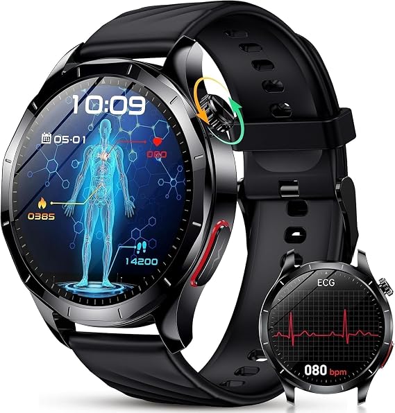 ECG Reloj Inteligente Hombre con Presión Arterial, 1.43"Smartwatch (Negro)