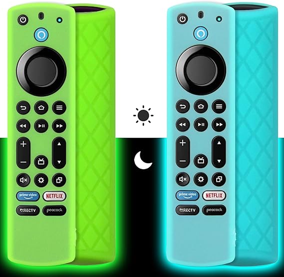 Pinowu Estuche Remoto de Silicona (2 Piezas) Compatible con Fire TV Stick 4K MAX (2º) / Toshiba/Insignia/Pioneer Alexa Voice Remote Enhanced con cordón(Verde, Turquesa, Brillan)