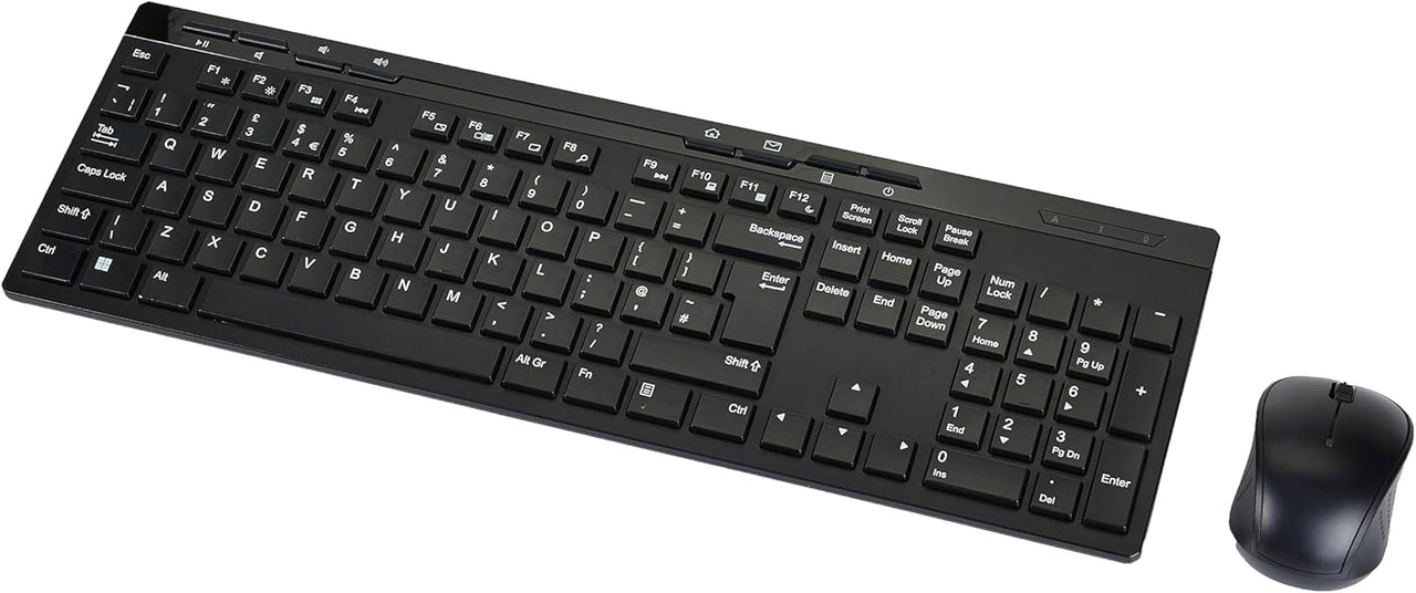 Amazon Basics Juego de teclado y ratón de tamaño completo, inalámbrico, receptor USB de 2,4 GHz, disposición DE, color negro