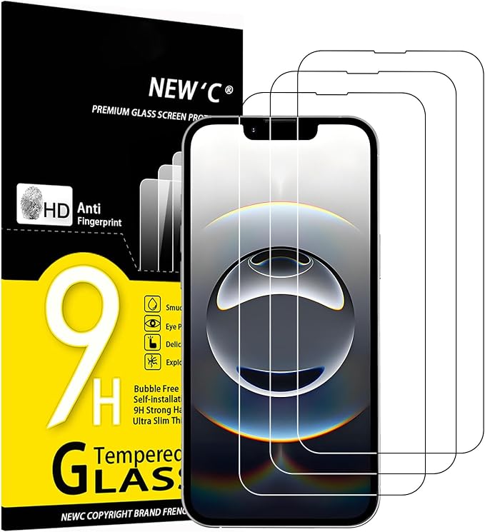 NEW'C 3 Piezas, Protector Pantalla para iPhone 16e (6,1 pulgadas), Cristal templado Antiarañazos, Antihuellas,Sin Burbujas, Dureza 9H,0.33 mm Ultra Transparente, Ultra Resistente
