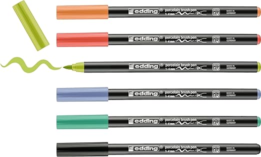 Edding 4200 Feutre pointe pinceau pour porcelaine - multi-couleur - 6 stylos - pointe pinceau 1-4 mm - peindre et décorer la céramique, porcelaine - va au lave-vaisselle, encre opaque, séchage rapide