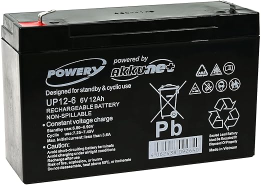 Powery Bateria de Gel para Vehículos para niños Coche Infantil Quad 6V 12Ah (Reemplaza también 10Ah)