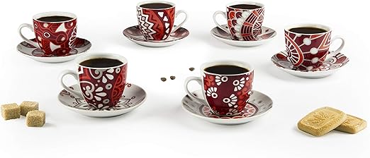 Excelsa Mandala Red Juego de 6 Tazas de café con platillo, Porcelana
