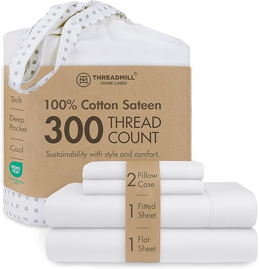 Threadmill Home Linen Queen Sheets - Juego de Ropa de Cama de 4 Piezas de 300 Hilos, Tejido de satén de algodón Puro de Fibra Larga, Color Blanco sólido con Bolsillo Profundo elástico