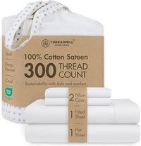 Threadmill Home Linen Queen Sheets - Juego de Ropa de Cama de 4 Piezas de 300 Hilos, Tejido de satén de algodón Puro de Fibra Larga, Color Blanco sólido con Bolsillo Profundo elástico