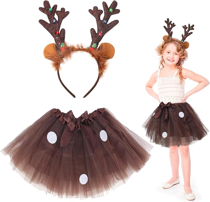 Fennoral 2 piezas de disfraces de renos Bebé Niña Set Animal Disfraz de Navidad para Niños Disfraz de Reno Disfraz de Reno - Tul Tutú - para Carnaval Halloween Cosplay Fiesta Regalo