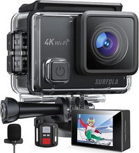 Surfola Cámara Deportiva 4K 30FPS, 20MP Videocámara de Casco WiFi con EIS Antivibración, Subacuática Buceo 40M con Micrófono Dual, Control Remoto, 2 Baterías, Varios Accesorios