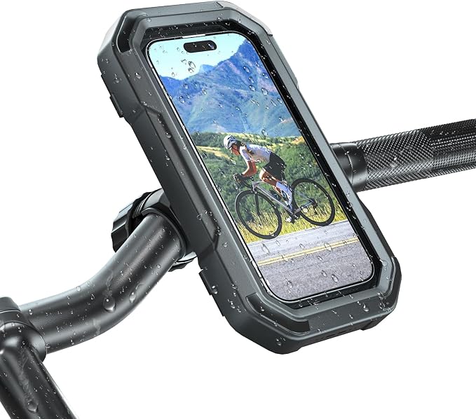 KDD Soporte Movil Bicicleta - 360° Rotación Soporte Movil Moto Impermeable, Totalmente Cerrado & Anti Vibración Porta Teléfono Bicicleta para iPhone 16 Pro Max/15/14/13/12 Samsung, 4-6,7 Pulgada