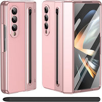 Funda para Galaxy Z Fold 3 con lápiz óptico, protección de bisagra + Soporte para S Pen + Protector de Pantalla de Vidrio Templado, Funda de Cuero para Samsung Galaxy Z Fold3-Rosa