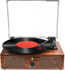 Udreamer Tocadiscos, Tocadiscos con Altavoces Integrados y Bluetooth Accionado por Correa, Fonógrafo Vintage de 3 Velocidades para Disfrutar de la Música y Decoración del Hogar Marrón