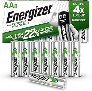 Energizer Recharge Power Plus - Pila Recargable AA (Paquette de 8) Batería 2000 mAh NiMH - precargada - para Dispositivos Uso frecuente y Cientos de recargas - Embalaje 100% reciclable